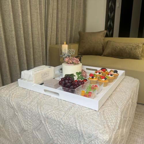 White Modern Acrylic Ottoman Tray with Cutout Handles 22x22 Inch Over