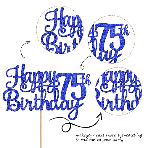 1 PCS Happy 75th Birthday Cake Topper Glitter Cheers to 75 Years Birthday Cake Pick Seventy Five 75 Fabulous Cake Decoration for Happy 75th Birthday Theme Party Decorations Supplies Blue (Blue / 75th)