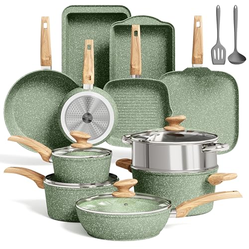 17 Piece Pots and Pans Set Non Stick (Green / 17-piece)