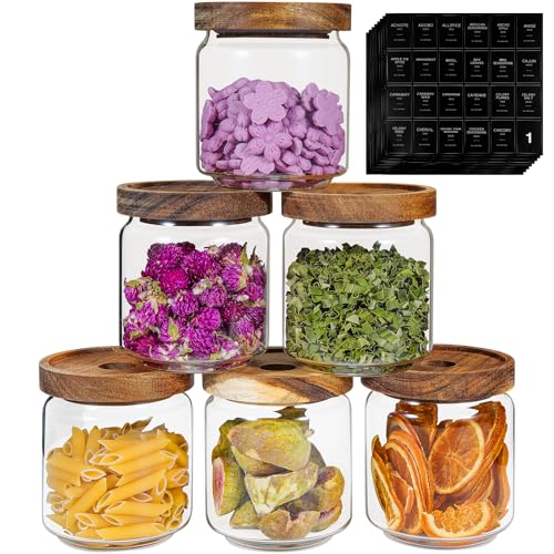 Small Glass Jars with Labels Spice Jar Round Storage Canister with Wooden Lid Clear Glass Food Jar for Pantry Sugar Tea Coffee Bean Spice Nuts Cookies Bath Salts (6*420ml(14oz))