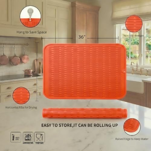 Silicone Dish Drying Mat for Multiple Usage (Orange / 36"L x 18"W)
