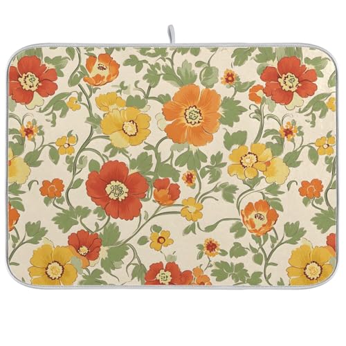 Retro Yellow Orange Flowers Dish Drying Mat for Kitchen Counter Absorbent Microfiber Drying Pad (16" x 18")