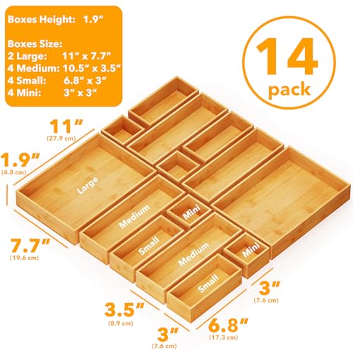 14 Piece Bamboo Drawer Organizer Storage Boxes Set