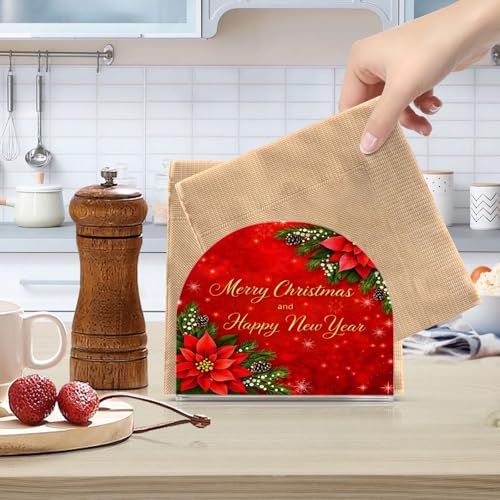 Christmas Fir Red Poinsettia Flowers Napkin Holder for Table Paper Napkins Holder Acrylic Tissue Dispenser Kitchen Dining Room Bathroom Party Car Decor (NH019 / 4.1x4.9x1.97in)
