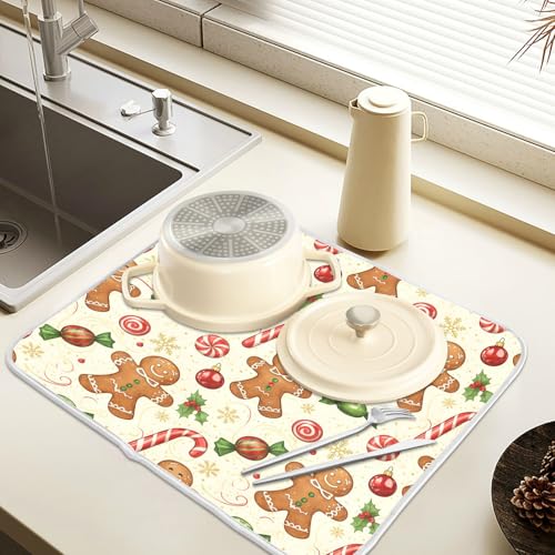 Christmas Gingerbread Cookie Man Sugar Dish Drying Mat for Kitchen Counter Absorbent Microfiber Large Drying Pad Dish Mats for Kitchen Countertops 18 x 24 Inch (24" x 18")