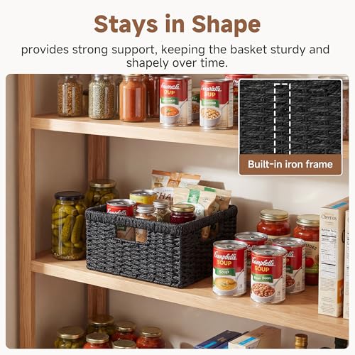 Wicker Baskets with Handles (Black (Paper Rope) / 11½"L x 11½"W x 7"H + 9¾"L x 9¾"W x 6½"H)