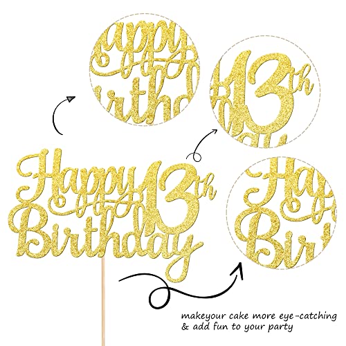 1 PCS Happy 13th Birthday Cake Topper Gold Glitter Cheers to 13 Years Birthday Cake Pick Official Teenager 13 Fabulous Cake Decoration for Happy 13th Birthday Theme Party Decorations Supplies (Gold / 13th)