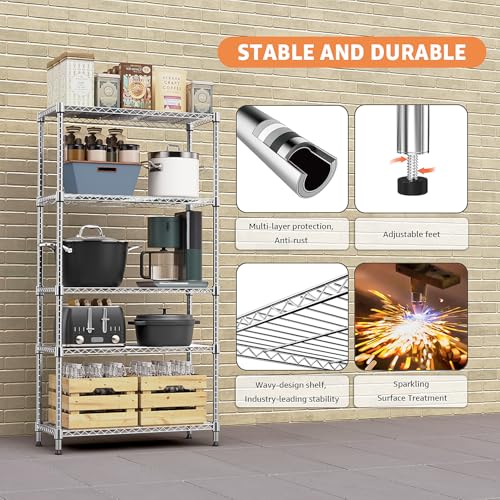 MZG 1750 lbs 5 Tier Storage Rack Metal Wire Shelving Unit (5 Tiers, 15.7"D x 45.3"W x 70.4"H / Chrome)
