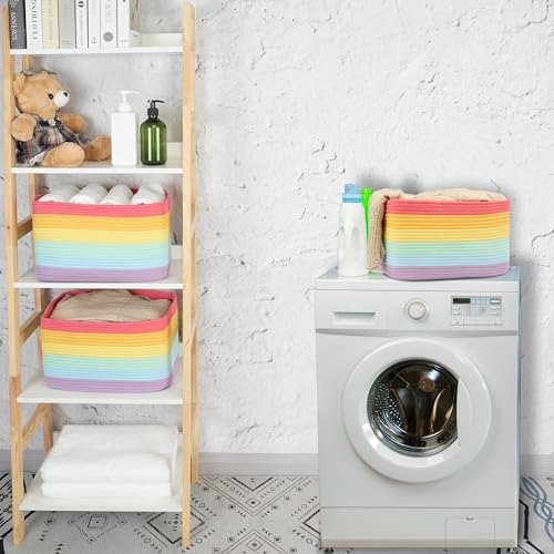 Woven Cotton Rope Storage Baskets 15x10x9.3" 3 Pack Rainbow (Rainbow red)