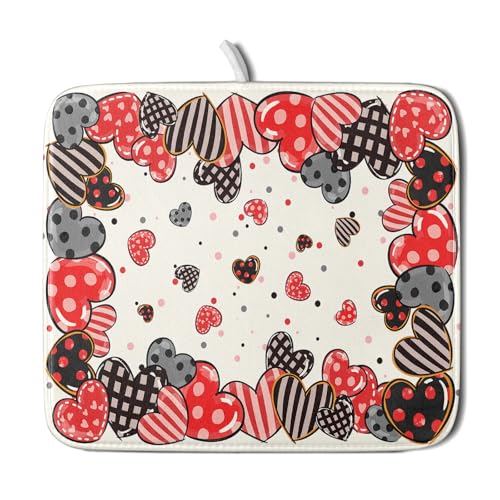 Red Heart Dish Drying Mat 16"x18" Love Dots Microfiber Dish Drainer Rack Mat Holiday Absorbent Fast Dry Pad for Kitchen Counter Home Decor (Heart Dots / 16" x 18")