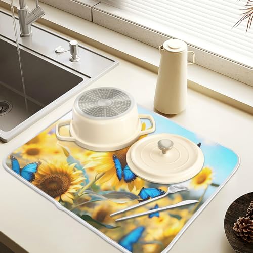 Blooming Sunflowers Blue Butterfly03 Dish Drying Mat for Kitchen Counter Absorbent Microfiber Large Drying Pad Dish Mats for Kitchen Countertops 18 x 24 Inch (24" x 18")