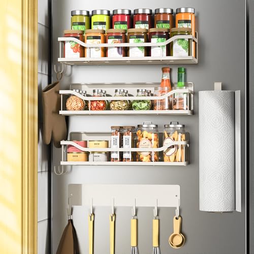 5 Pack Multifunctional Magnetic Shelves for Refrigerator Spice Rack & Washing Machine Organize (Flat style, Cream)