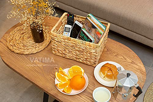 Large Wicker Basket Rectangular with Wooden Handles for Shelves (Water Hyacinth / 3-Pack Large (14.5"L x 10.3"W x 7.5"H))