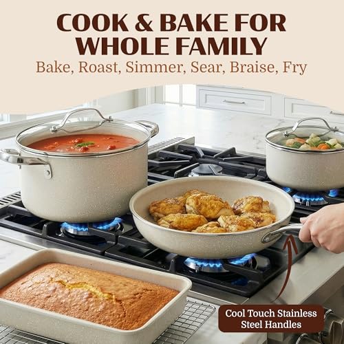 Ceraluxe 20Pc Pots and Pans Set Non Stick Ceramic Cookware Set (Beige Speckle)