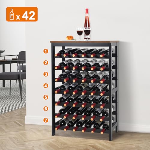 42 Bottles Bamboo Wine Rack (Rustic Brown +Black / 7-Tier)