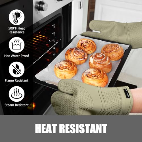 Silicone Oven Mitts and Pot Holders Sets for Kitchen (Sage Green)