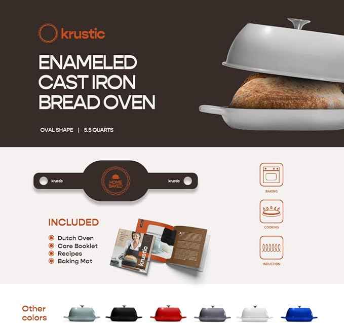 Enameled Cast Iron Dutch Oven for Professional Sourdough Bread Baking | 5.5 Quart Loaf Size Oval Cookware Pot with Lid | Triple-Layer Enamel Coating Pan with Non Stick Silicone Mat | White