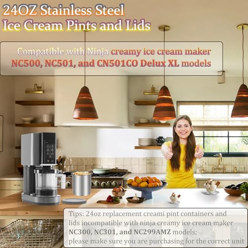 Stainless Steel Pint Containers & Lids Compatible with Ninja Creami ice Cream Maker NC500