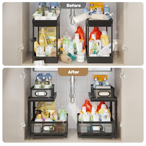 2 Pack Under Sink Organizer With Next (Black / 2 Pack-15.5"Dx12.4"-16.5"H)