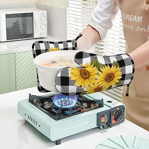 Sunflower Black White Buffalo Plaid Oven Mitts and Pot Holders Sets Silicone Yellow Floral Lumberjack Check Kitchen Mitts Potholders Heat Resistant 4Pcs Oven Gloves Hot Pads for Kitchen (Sunflower Plaid)
