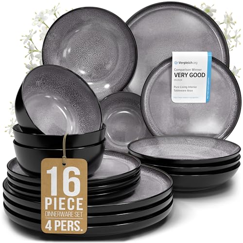 16 Piece Stoneware Dinnerware Set for 4 (Dark / Dark Gray / Set for 4 (16pcs))