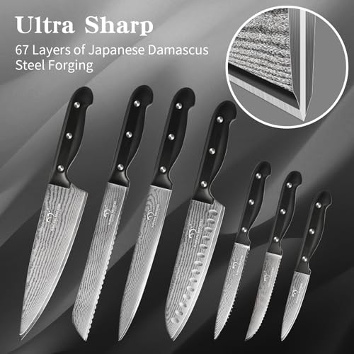 15 Piece Damascus Kitchen Knife Set with Compact Block (Black/Black / 15 Pieces)