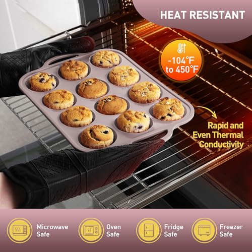 2 Packs 12 Cups Silicone Muffin Pan with Metal Reinforced Frame Regular Size Cupcake Pan Tray Egg Bites Silicone Circle Cookie Molds Muffin Tin Tart Pans Baking Sheet Set for Breakfast Sandwiches (Regular / Morandi Pink)