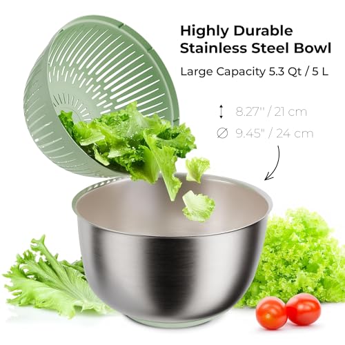 Large Stainless Steel Salad Spinner 5.3QT