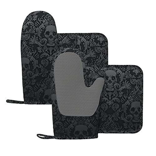 Gothic Skull Oven Mitts and Pot Holders Sets of 4 (One Size / Silicone Skull)