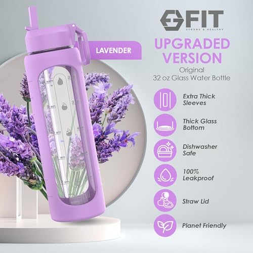 32oz Glass Water Bottle with Straw Lid & Time Marker (Lavender Sleeve)