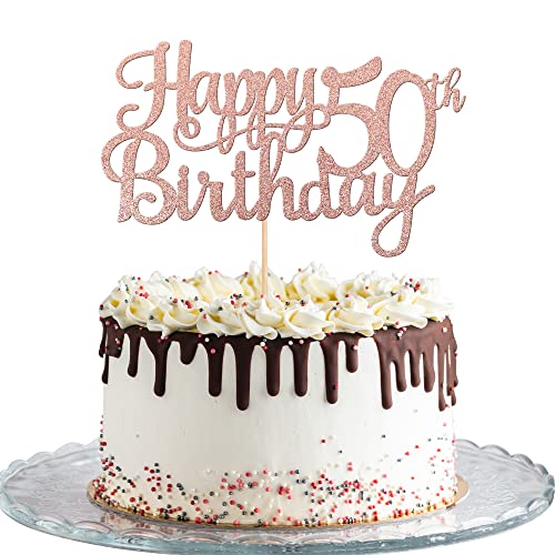 1 PCS Happy 50th Birthday Cake Topper Glitter Cheers to 50 Years Birthday Cake Pick 50 Fabulous Cake Decoration for Happy 50th Birthday Anniversary Party Decorations Supplies Rose Gold (Rose Gold / 50th)
