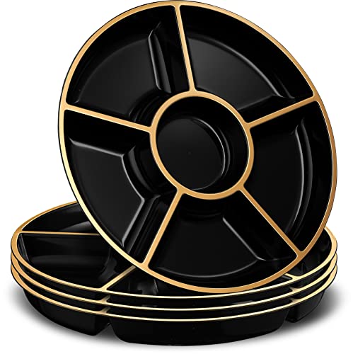 6 Sectional Round Plastic Serving Tray (Black & Gold)