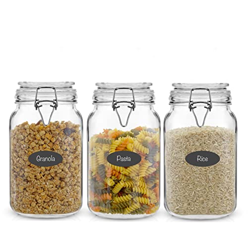 Airtight Glass Jars with Lids Set of 3. 50oz Glass Jar with Lid and 6 Silicone Seals! Med Glass Food Storage Containers. Square Mason Jar