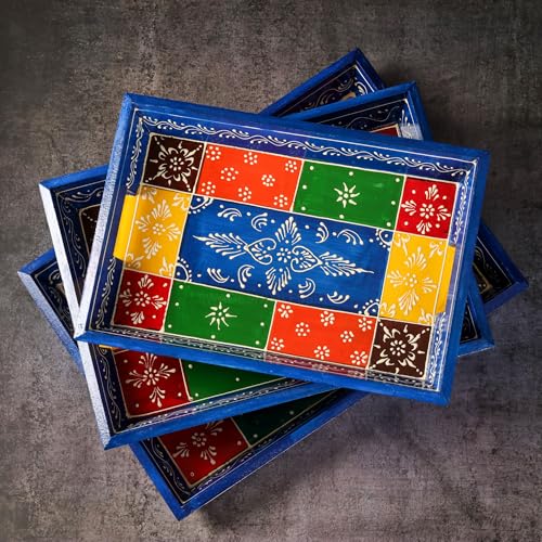 Hand Painted Wooden Serving Tray Set of 3 (Blue / Set of 3)