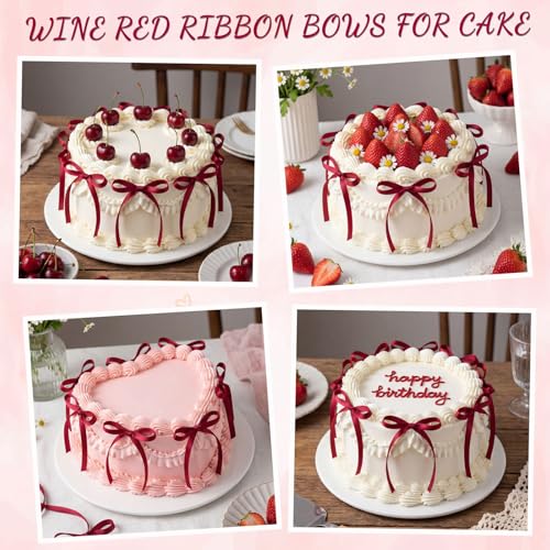 30 Pack Bow Cake Toppers Wine Red Ribbon Bows for Cake Back to School Decor (Wine Red)