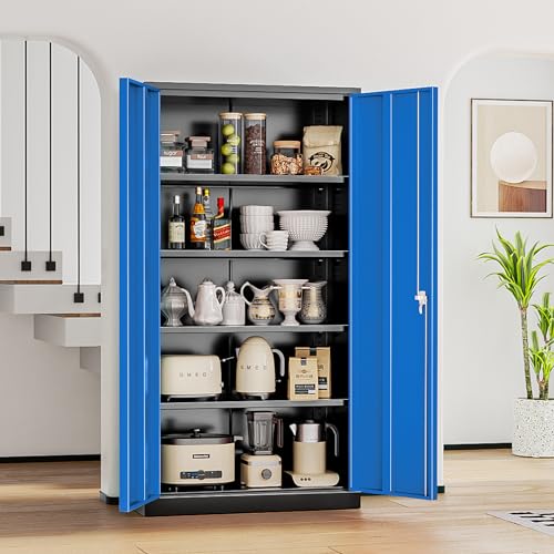 Metal Storage Cabinets 72” Black Blue Garage Steel Storage Cabinet with Doors and Shelves (Black Blue / 72")