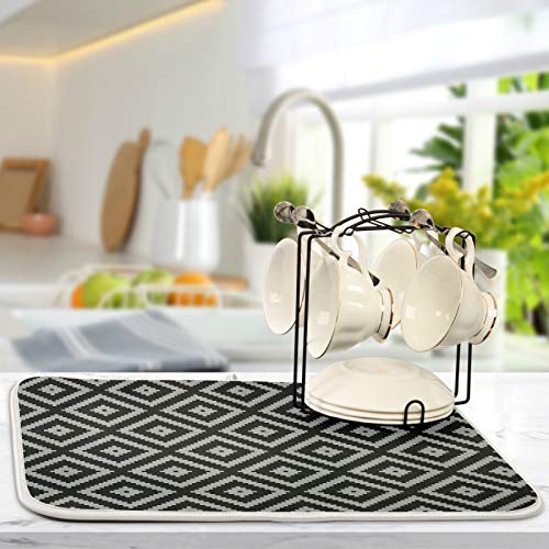 Super Absorbent Dish Drying Mat (Black Moroccan Rhombus Plaid / 16" x 18")