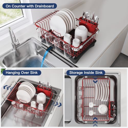 Red Dish Drying Rack in Sink with Drainboard and Utensil Holder (Red / For 12"-30"w Sink, with Drainboard)