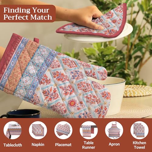 100% Cotton Oven Mitt & Pot Holder Set (025 - Romane / 7.5" x 13" & 8" x 8" (Oven Mitt & Pot Holder))