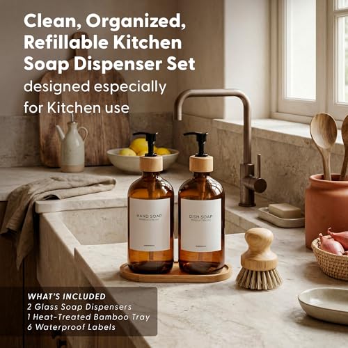 Dish Soap Dispenser Set (Amber Bottles Black Bamboo Pumps)