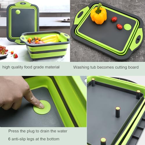 Camping Collapsible Cutting Board Dish Basin BBQ Prep Tub Camp Sink Dish Washing Station Multifunctional Storage Basket (Grey Green)