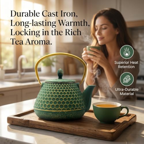 34oz Cast Iron Tea Kettle for Stovetop (Dark Green Hexagon Pattern, 1000ml/34oz)