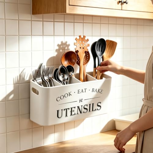 Wooden Kitchen Utensil Holder Organizer for Counter or Countertop (white / 4 Compartment)