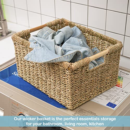 Large Wicker Basket Rectangular with Wooden Handles for Shelves (Seagrass / 3-Pack Large (14.5"L x 10.3"W x 7.5"H))