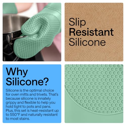BPA Free Silicone Oven Mitts and Pot Holders Set (Mint / 12.5" Oven Mitts + 7" Trivets)