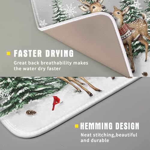 Winter Deer Dish Drying Mat Pine Tree Absorbent Dish Dry Pad Seasonal Microfiber Dish Drainer Mats for Kitchen Counter Coffee Bar 16x18 in (Deer Pine Tree / 16" x 18")