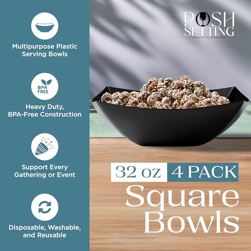 4 Pack Disposable Black Plastic Serving Bowls Square Party Candy Use 32oz (32 OUNCE / Black)