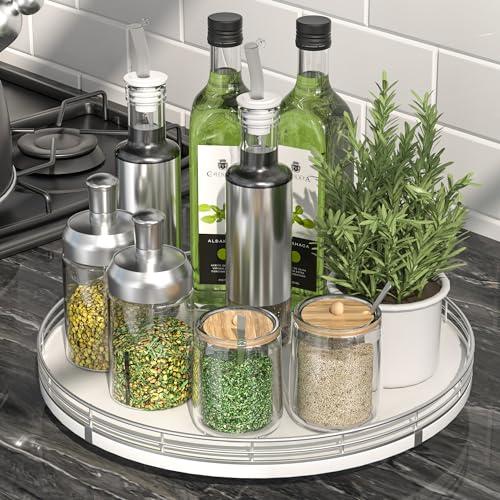 12 Inch Oak Lazy Susan Spice Organizer with Silver Metal Rail (Sliver White / 12)