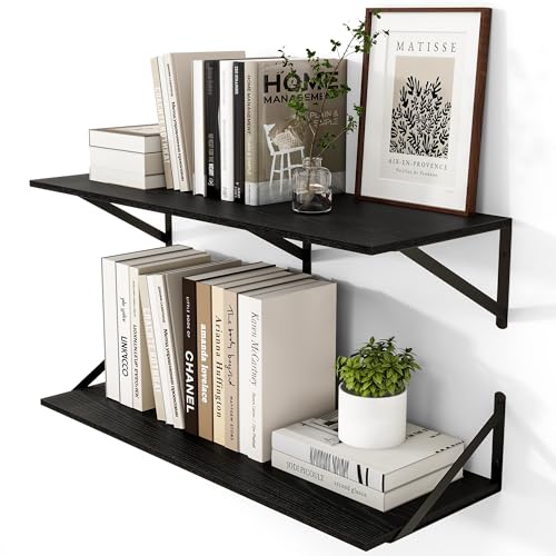 32W x 12D Deep Floating Shelves Set of 2 Black (Black With Black Metal Bracket / 32Wx12Dx5.8H)