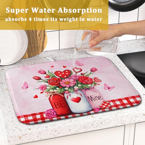 Rose Vase Dish Drying Mat 16x18 inch Romantic Floral Washable Absorbent Dish Dry Pad Fast Dry Drainer Rack Mats Kitchen Counter Accessories (Rose Floral Vase / 16" x 18")